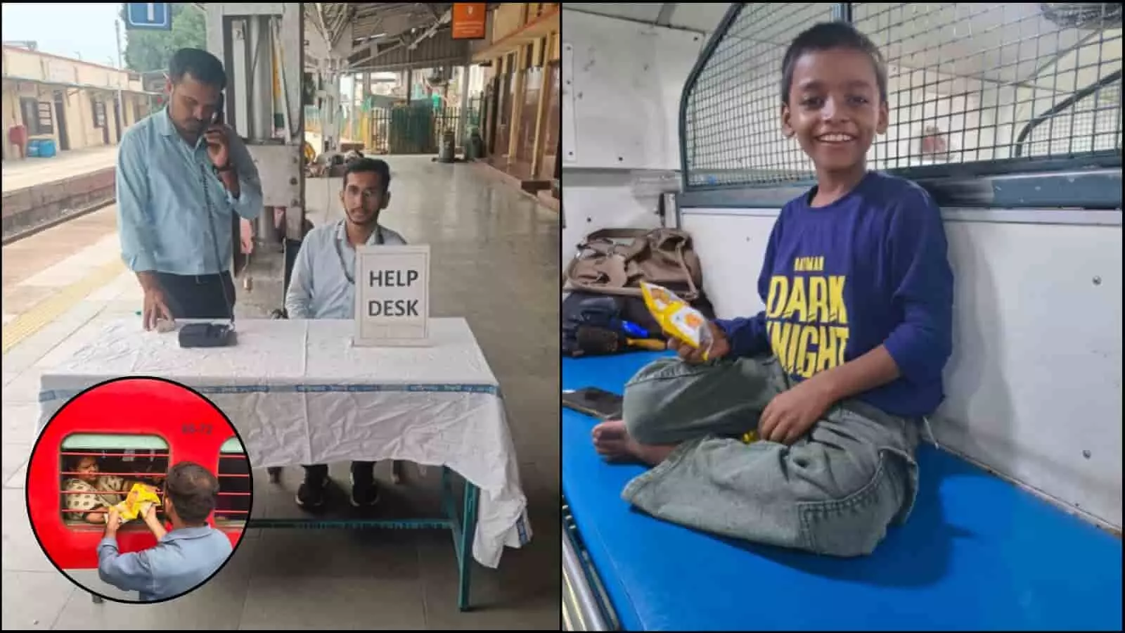 रेलवे स्टेशन पर हेल्प डेस्क, ट्रेन यात्री को भोजन वितरण और बैठा बच्चा। रेलवे स्टेशन पर हेल्प डेस्क, ट्रेन यात्री को भोजन वितरण और बैठा बच्चा।