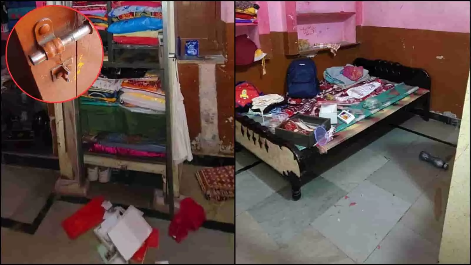 घर की अलमारी में टूटा हुआ कुंदा और बिखरा हुआ सामान दिख रहा है। घर की अलमारी में टूटा हुआ कुंदा और बिखरा हुआ सामान दिख रहा है।
