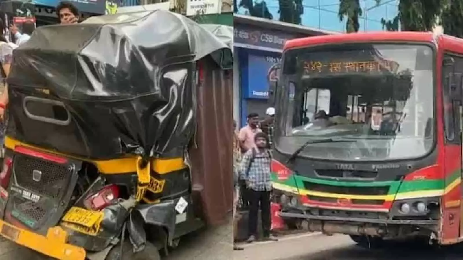 अंधेरी में सड़क हादसे के बाद सड़क पर खड़ी क्षतिग्रस्त बस और ऑटो-रिक्शा दिख रहे हैं। अंधेरी में सड़क हादसे के बाद सड़क पर खड़ी क्षतिग्रस्त बस और ऑटो-रिक्शा दिख रहे हैं।