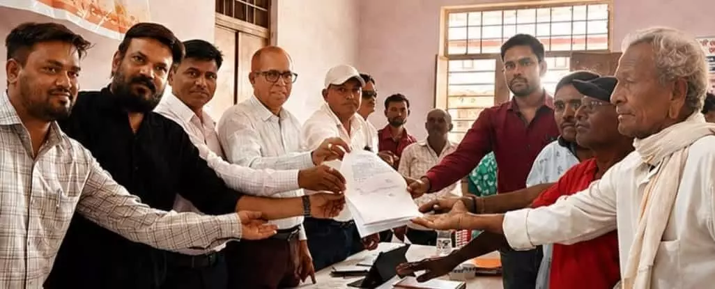ग्रामीण सेवा शिविर में प्रशासनिक अधिकारियों द्वारा लाभार्थियों को भूमि के दस्तावेज सौंपे जा रहे हैं।