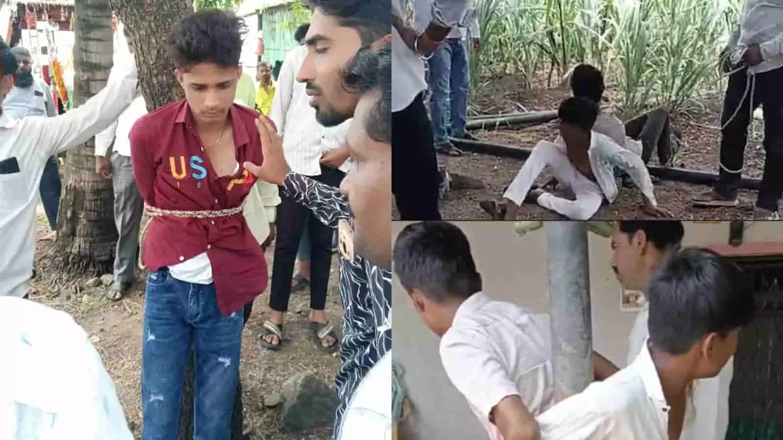 तस्वीर में रेणापुर के खरोळा गांव में पेड़ और खंभे से बंधे हुए लड़के दिखाई दे रहे हैं।