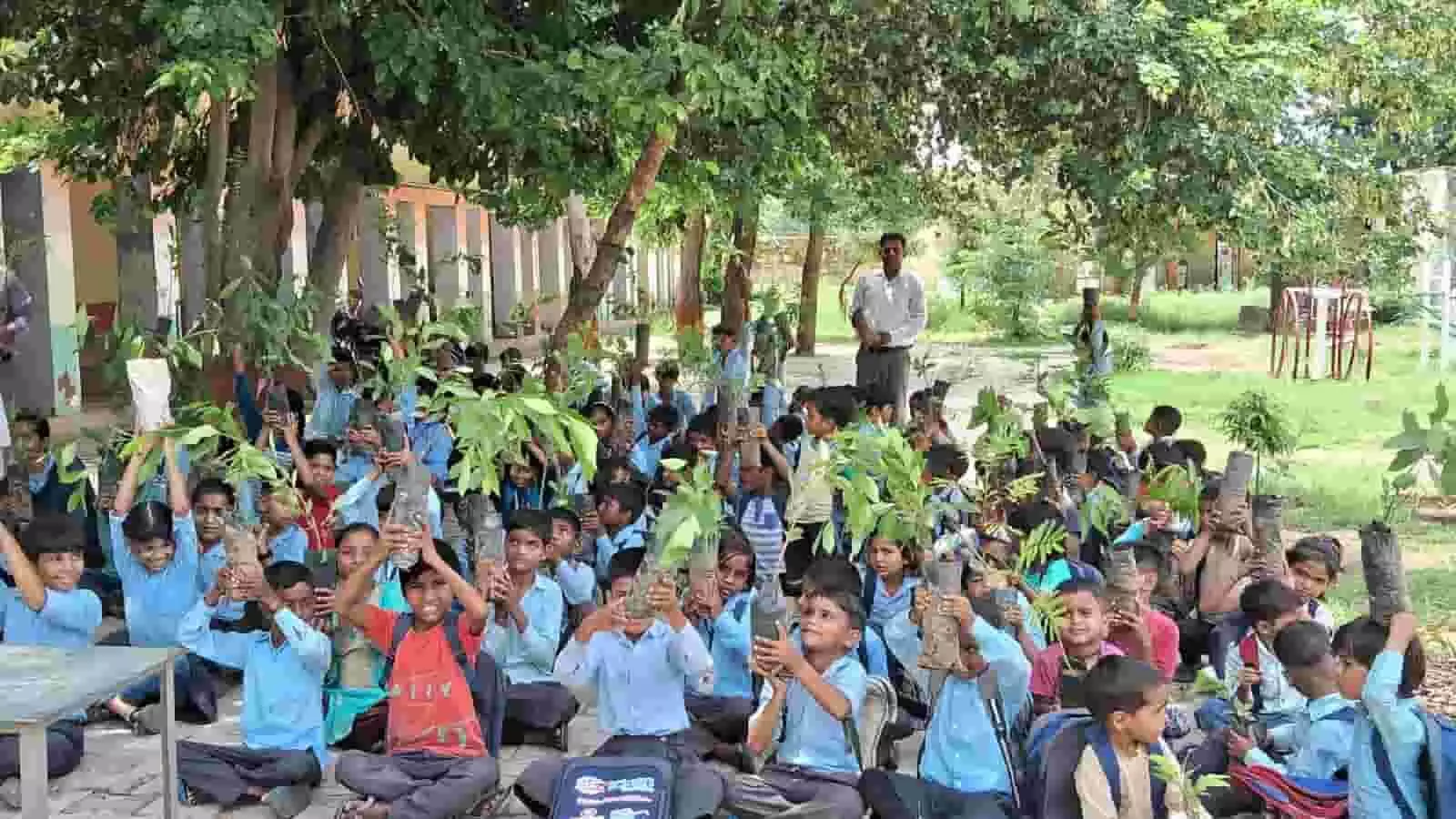 तस्वीर में स्कूल परिसर के भीतर छात्र हाथों में पौधे लिए बैठे दिखाई दे रहे हैं। तस्वीर में स्कूल परिसर के भीतर छात्र हाथों में पौधे लिए बैठे दिखाई दे रहे हैं।