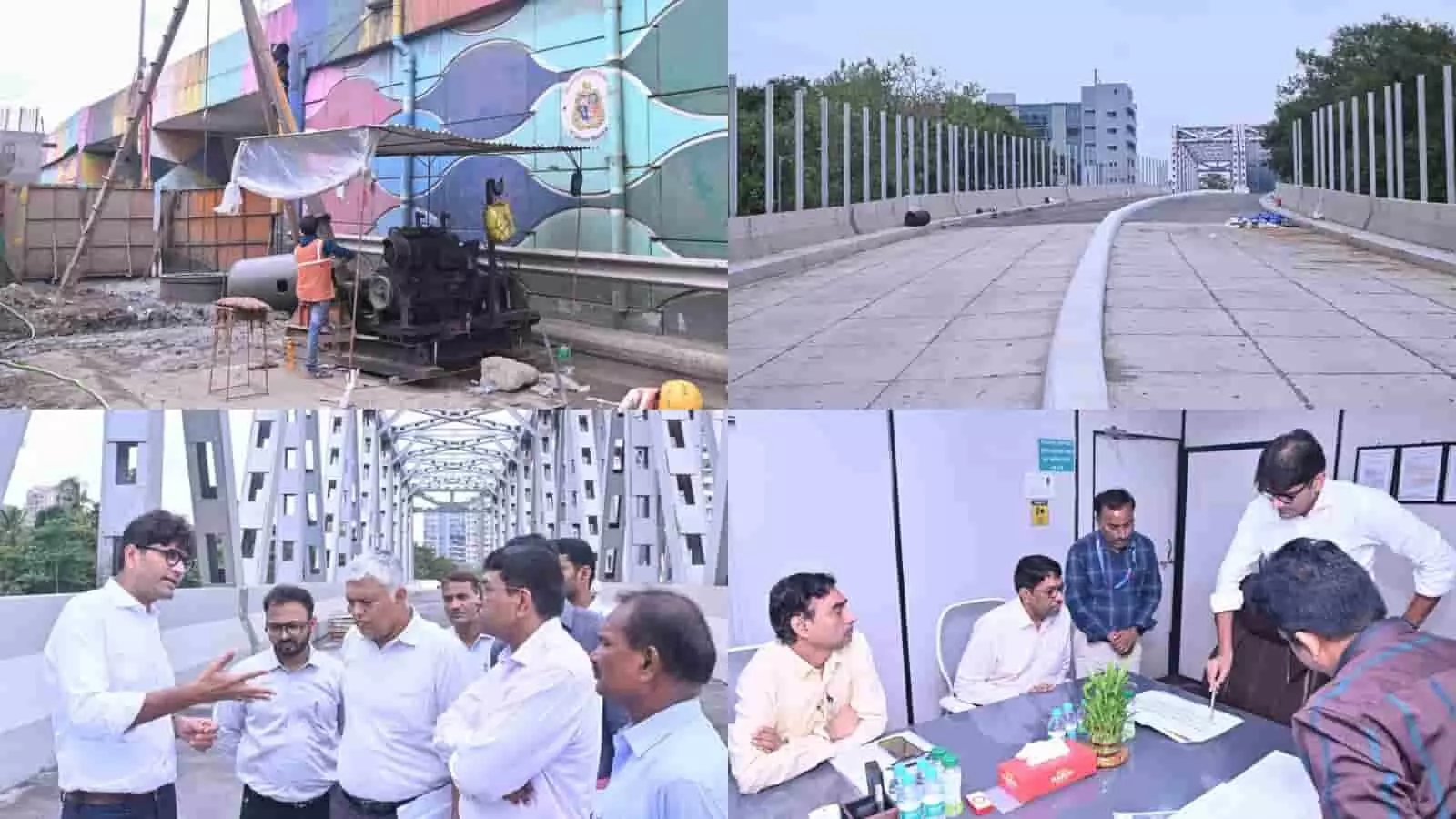 निर्माणाधीन फ्लाईओवर और बीएमसी अधिकारियों की समीक्षा बैठक का कोलाज दृश्य। निर्माणाधीन फ्लाईओवर और बीएमसी अधिकारियों की समीक्षा बैठक का कोलाज दृश्य।