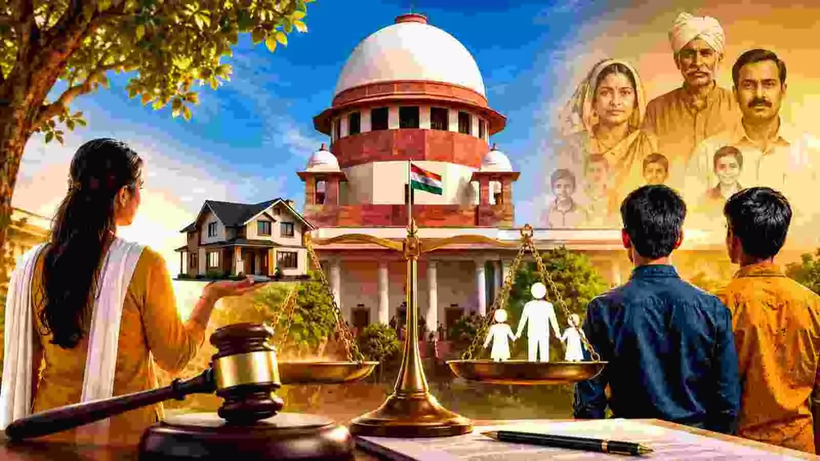 सुप्रीम कोर्ट की पृष्ठभूमि में संपत्ति कानून दर्शाता प्रतीकात्मक चित्रण।