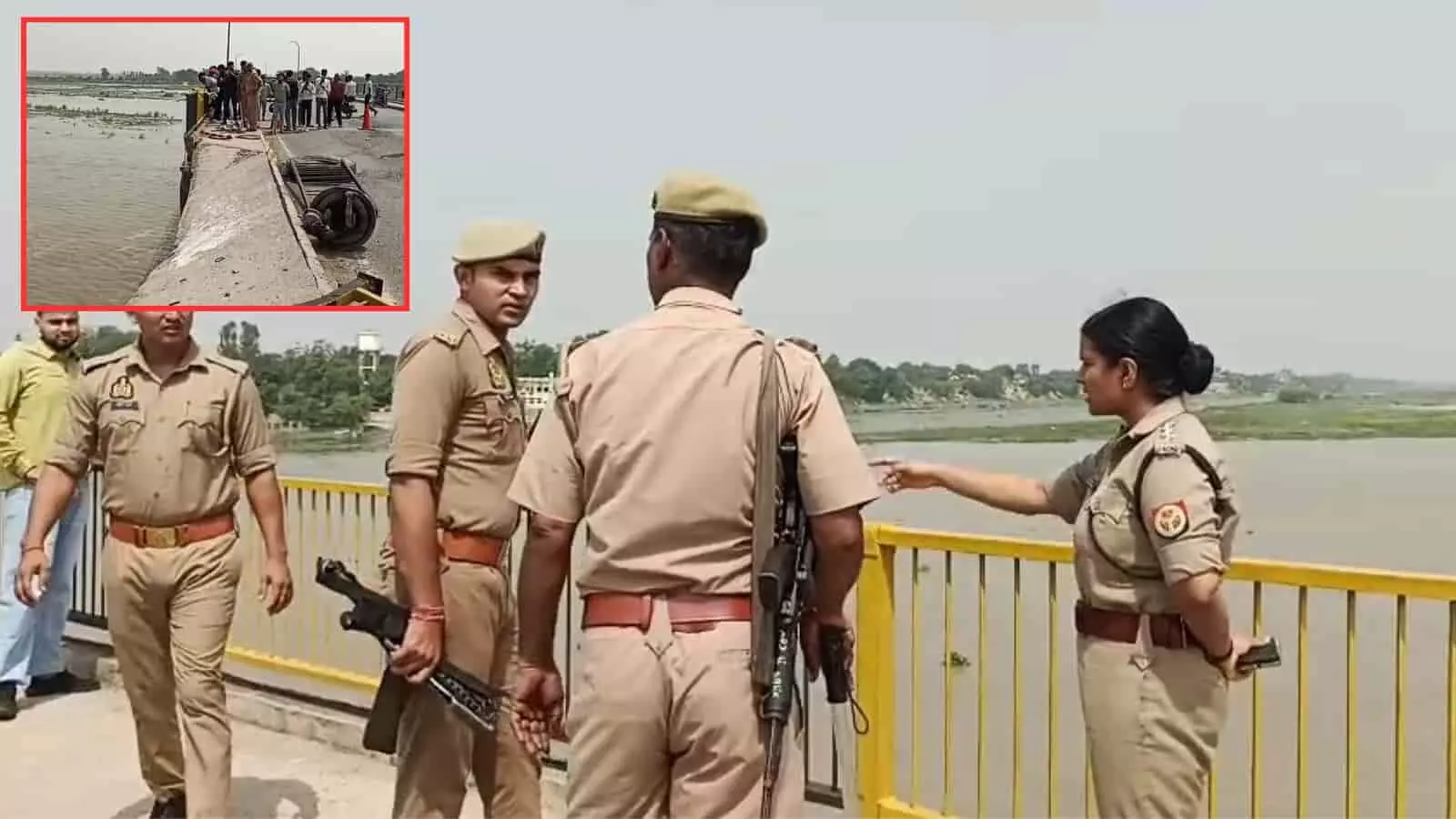 मेहंदी घाट पुल पर निरीक्षण करते पुलिस अधिकारी और टूटी हुई रेलिंग दिख रही है। मेहंदी घाट पुल पर निरीक्षण करते पुलिस अधिकारी और टूटी हुई रेलिंग दिख रही है।