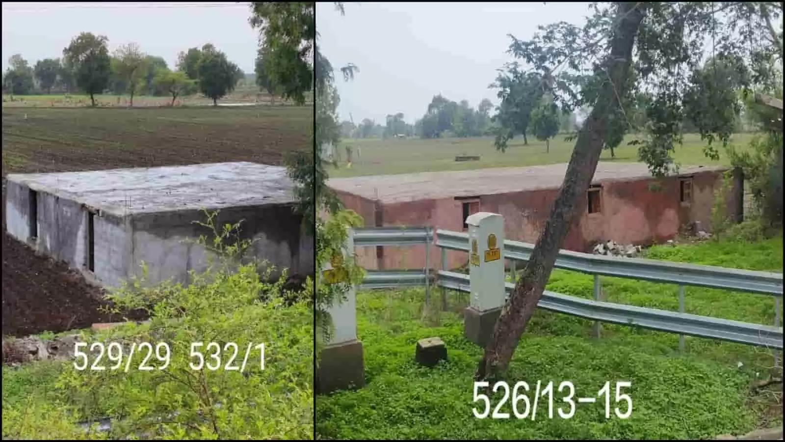 रेल परियोजना क्षेत्र के पास बनी अनधिकृत कंक्रीट की इमारतें दिखाई दे रही हैं।