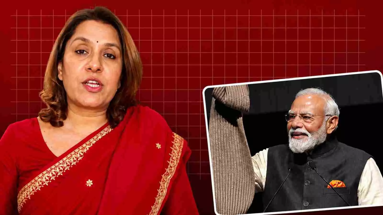 टीवी स्क्रीन पर सुप्रिया श्रीनेत और प्रधानमंत्री मोदी की फोटो|