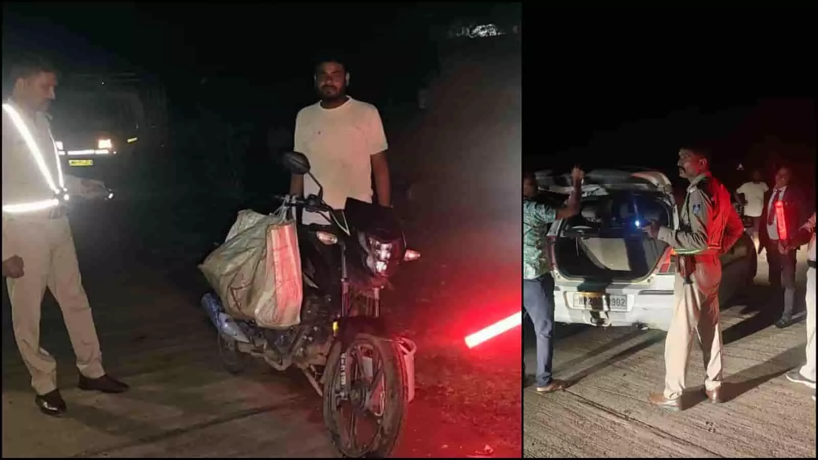 सलैया-रैपुरा मार्ग पर पुलिस जवान रात के समय वाहनों की जांच कर रहे हैं। सलैया-रैपुरा मार्ग पर पुलिस जवान रात के समय वाहनों की जांच कर रहे हैं।