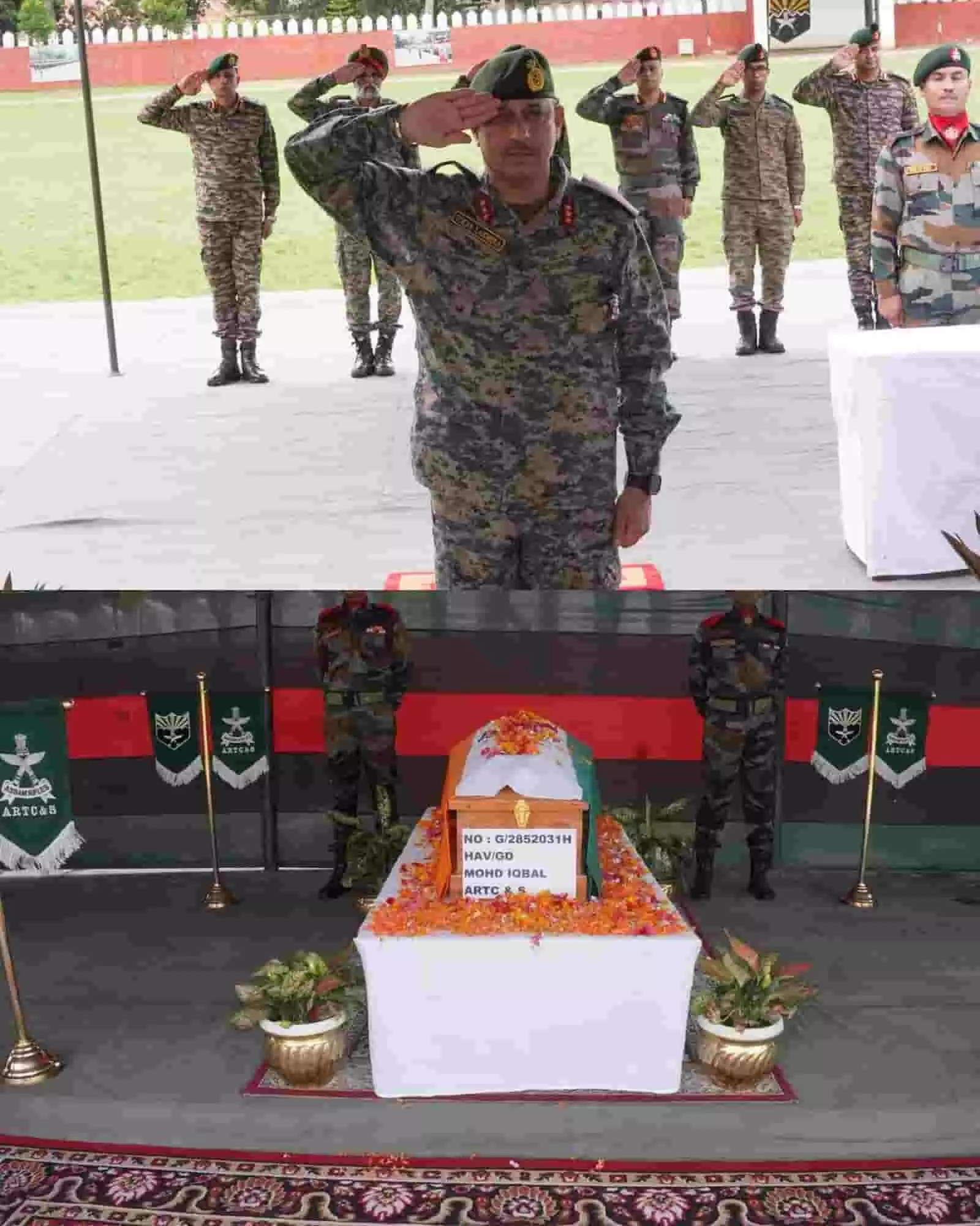 दीमापुर में शहीद हवलदार मोहम्मद इकबाल को सलामी देते असम राइफल्स के महानिदेशक विकास लखेड़ा। दीमापुर में शहीद हवलदार मोहम्मद इकबाल को सलामी देते असम राइफल्स के महानिदेशक विकास लखेड़ा।