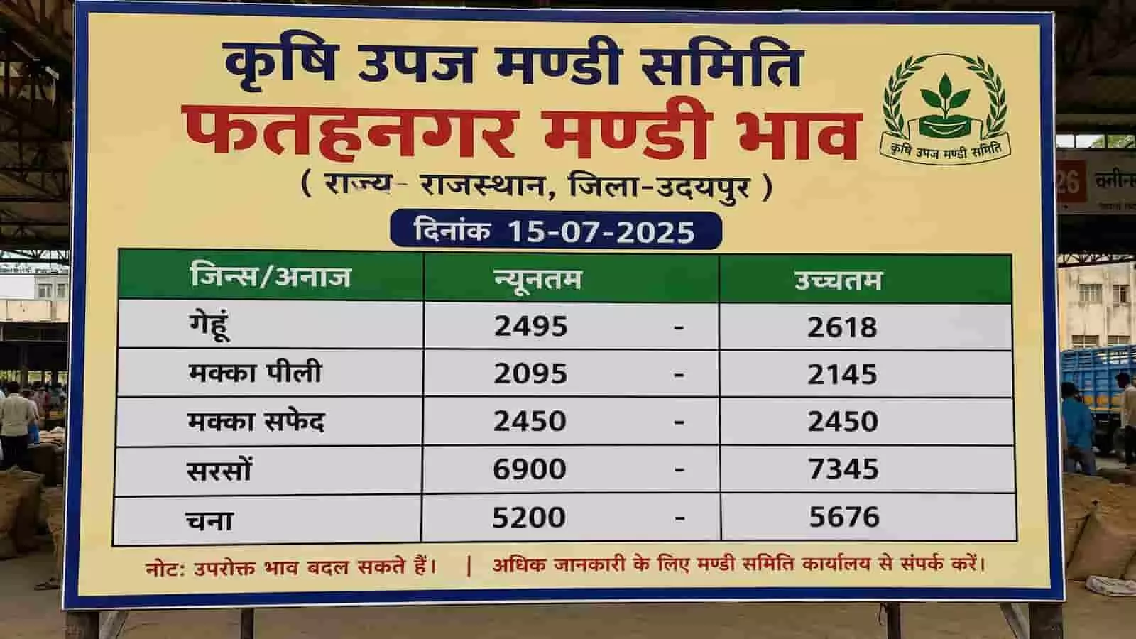 उदयपुर की फतहनगर कृषि मंडी का बड़ा सूचना बोर्ड जिसपर फसलों के दाम प्रदर्शित हैं। उदयपुर की फतहनगर कृषि मंडी का बड़ा सूचना बोर्ड जिसपर फसलों के दाम प्रदर्शित हैं।