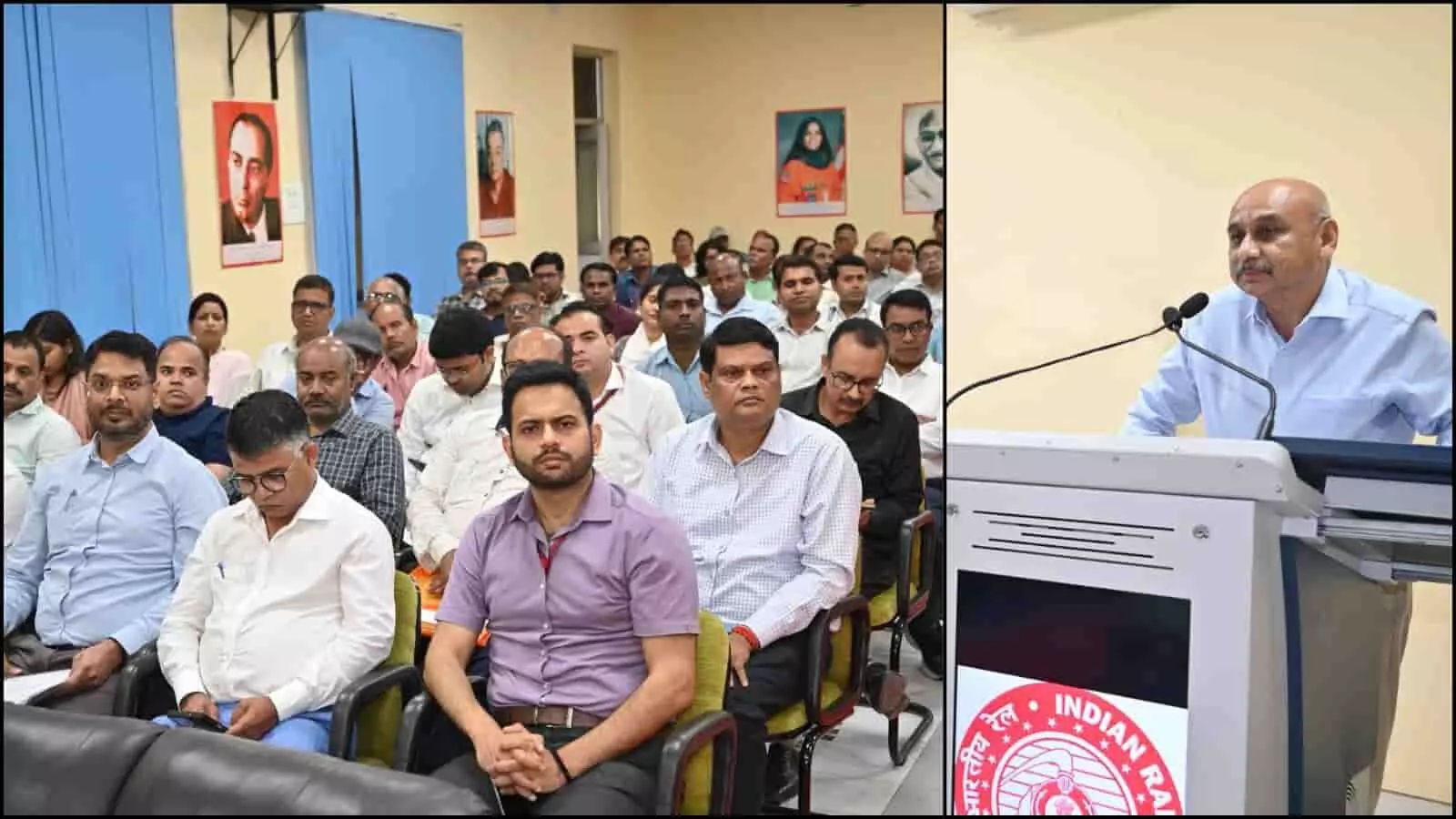 बनारस रेल इंजन कारखाना में नराकास की बैठक को संबोधित करते बरेका के महाप्रबंधक।