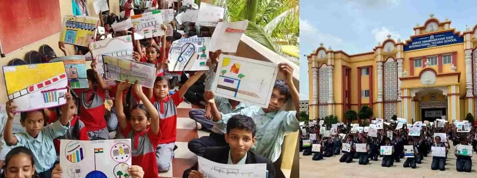चित्रकला प्रतियोगिता के बाद हाथ में पोस्टर्स लिए स्कूल परिसर में बैठे विद्यार्थी। चित्रकला प्रतियोगिता के बाद हाथ में पोस्टर्स लिए स्कूल परिसर में बैठे विद्यार्थी।