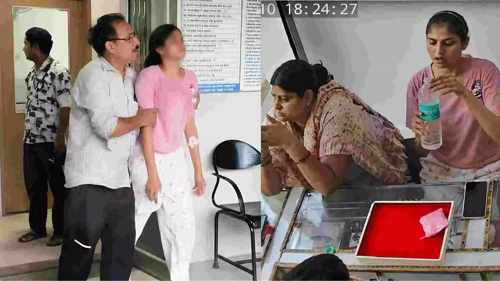 अस्पताल में इलाज कराती पीड़ित युवती रिया और दुकान पर बोतल खोलती रिया। अस्पताल में इलाज कराती पीड़ित युवती रिया और दुकान पर बोतल खोलती रिया।