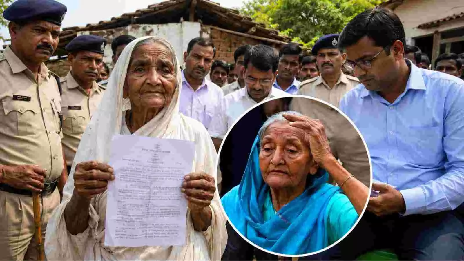 पुलिस और प्रशासन की मौजूदगी में जमीन के कागज थामे हबीबन खातून दिख रही हैं| पुलिस और प्रशासन की मौजूदगी में जमीन के कागज थामे हबीबन खातून दिख रही हैं|