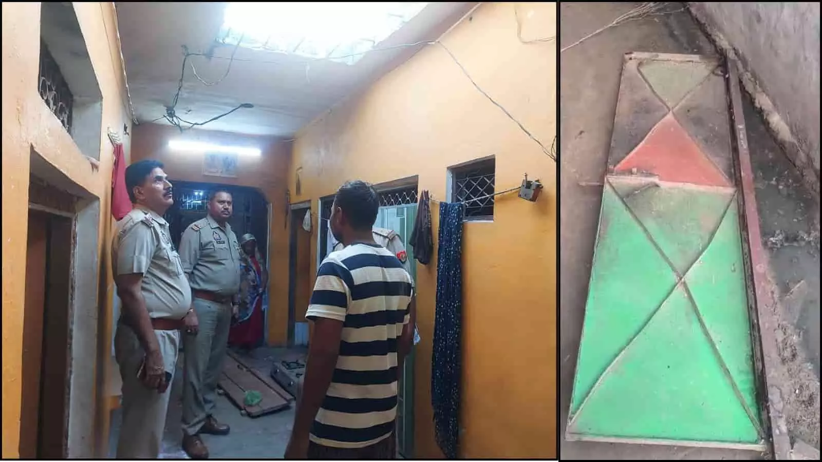 तस्वीर में क्षतिग्रस्त मकान का मुख्य गेट और दीवारें अमरोली रतनपुर में दिखाई दे रही हैं।