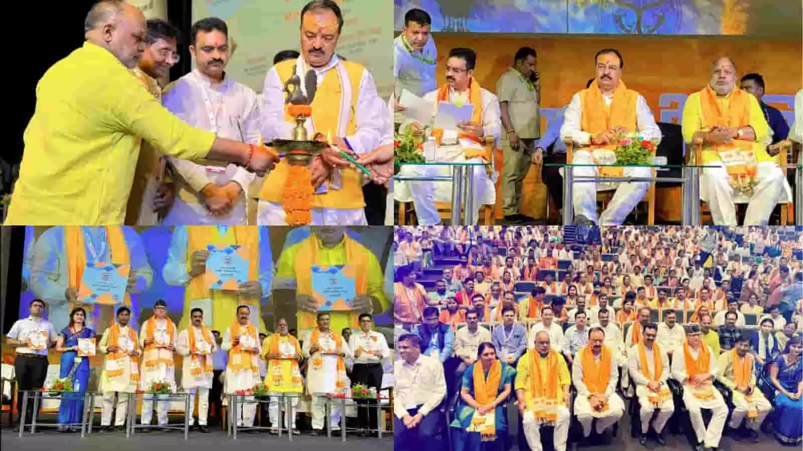 तस्वीर में उप मुख्यमंत्री केशव प्रसाद मौर्य और अन्य नेता वाराणसी में पंच सम्मेलन का दीप प्रज्वलित कर उद्घाटन करते हुए दिख रहे हैं।