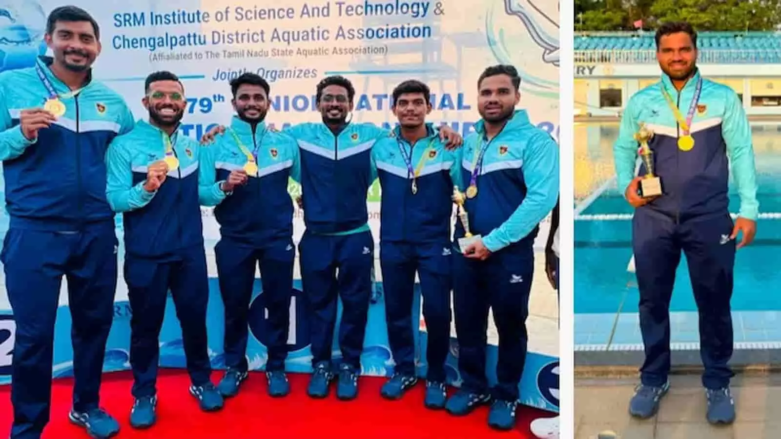 तस्वीर में ट्रैकसूट पहने रेलवे वाटर पोलो खिलाड़ी पदक और ट्रॉफी के साथ खड़े हैं। तस्वीर में ट्रैकसूट पहने रेलवे वाटर पोलो खिलाड़ी पदक और ट्रॉफी के साथ खड़े हैं।