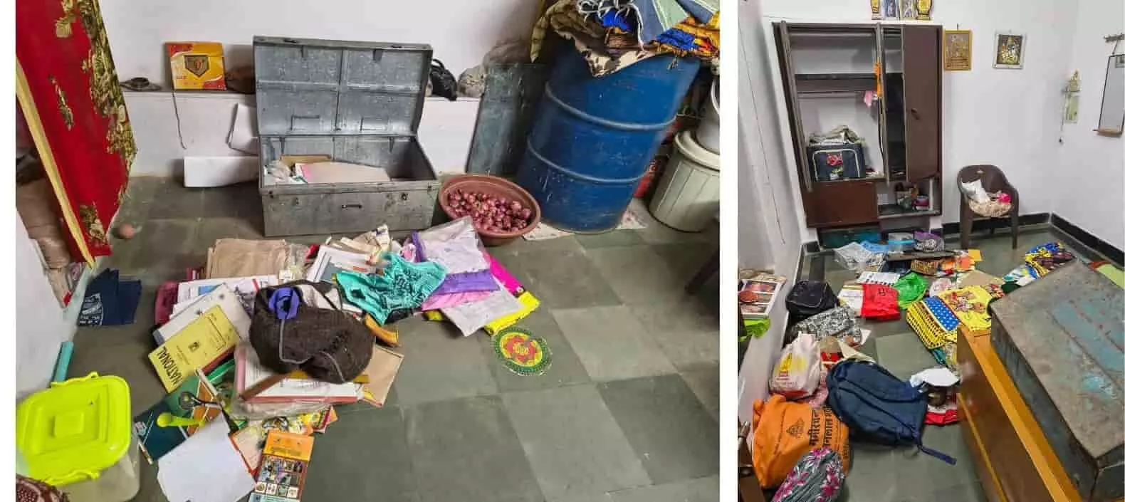 ऋषभदेव के मकान में खुली अलमारी और फर्श पर बिखरा हुआ घर का सामान। ऋषभदेव के मकान में खुली अलमारी और फर्श पर बिखरा हुआ घर का सामान।