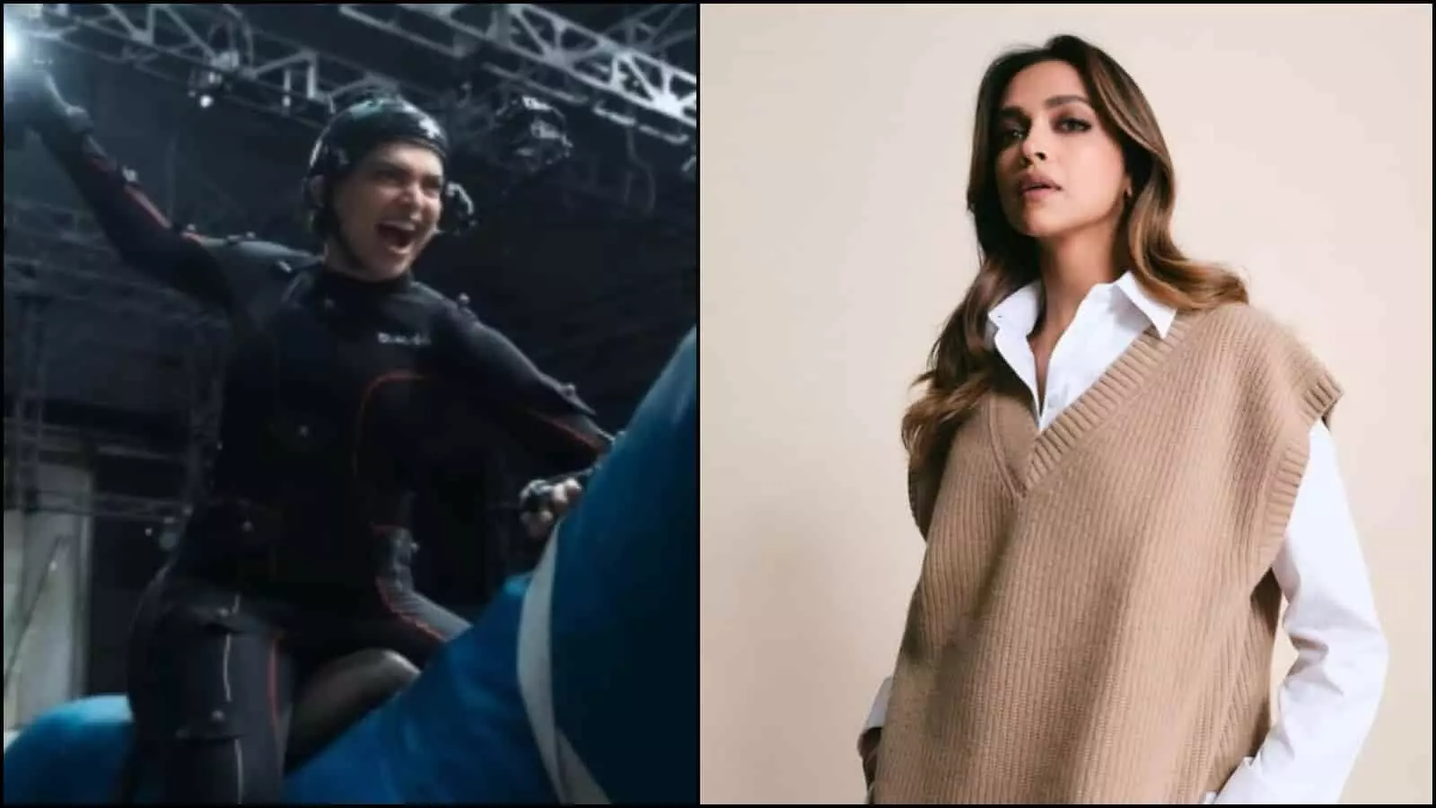 तस्वीर में दीपिका पादुकोण एक एक्शन सीन की शूटिंग और सामान्य लुक में दिख रही हैं।