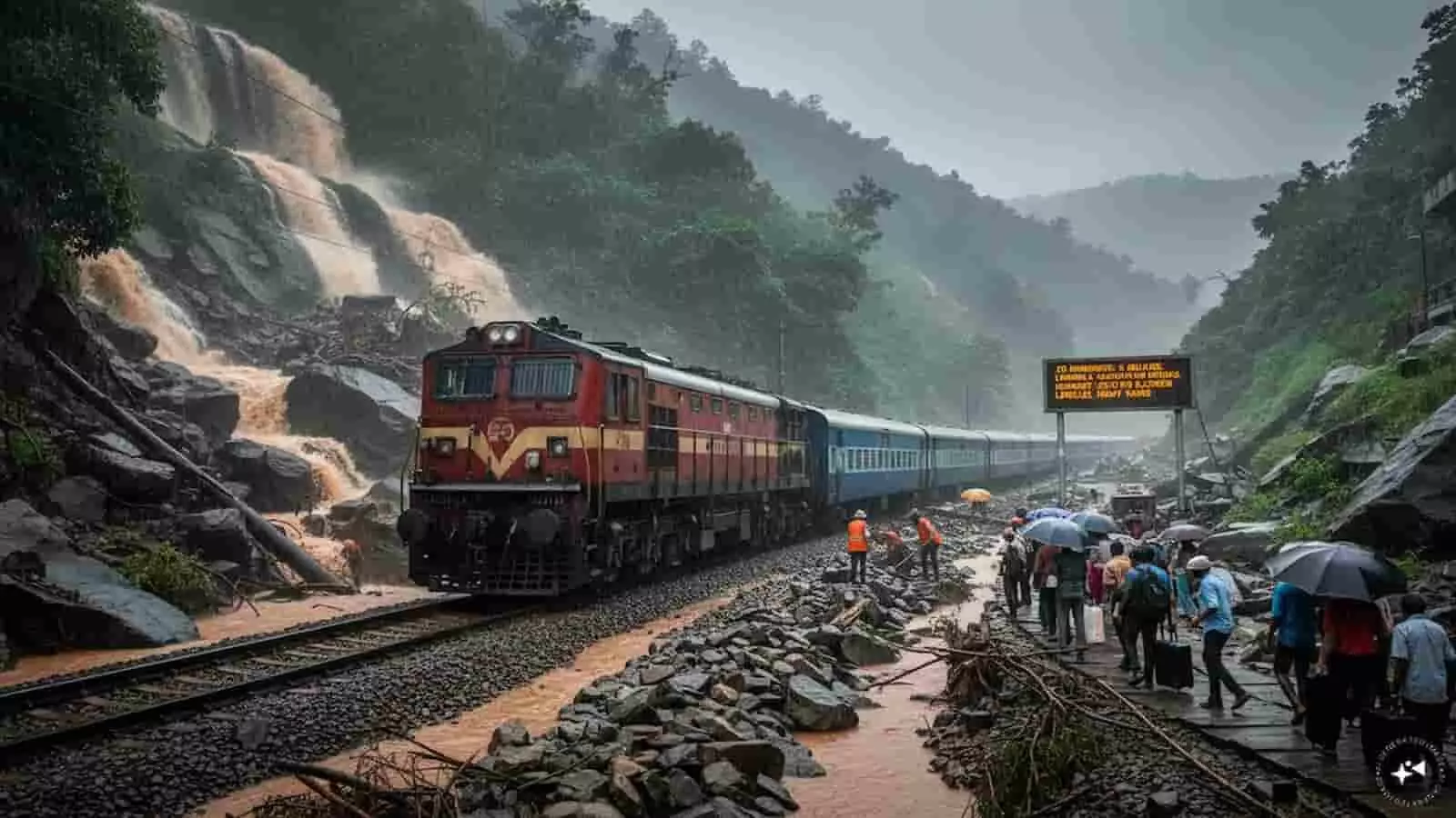 तस्वीर में पहाड़ी घाट खंड पर खड़ी ट्रेन के पास छतरी लिए लोग और पटरी पर मरम्मत करते कर्मचारी दिख रहे हैं। तस्वीर में पहाड़ी घाट खंड पर खड़ी ट्रेन के पास छतरी लिए लोग और पटरी पर मरम्मत करते कर्मचारी दिख रहे हैं।
