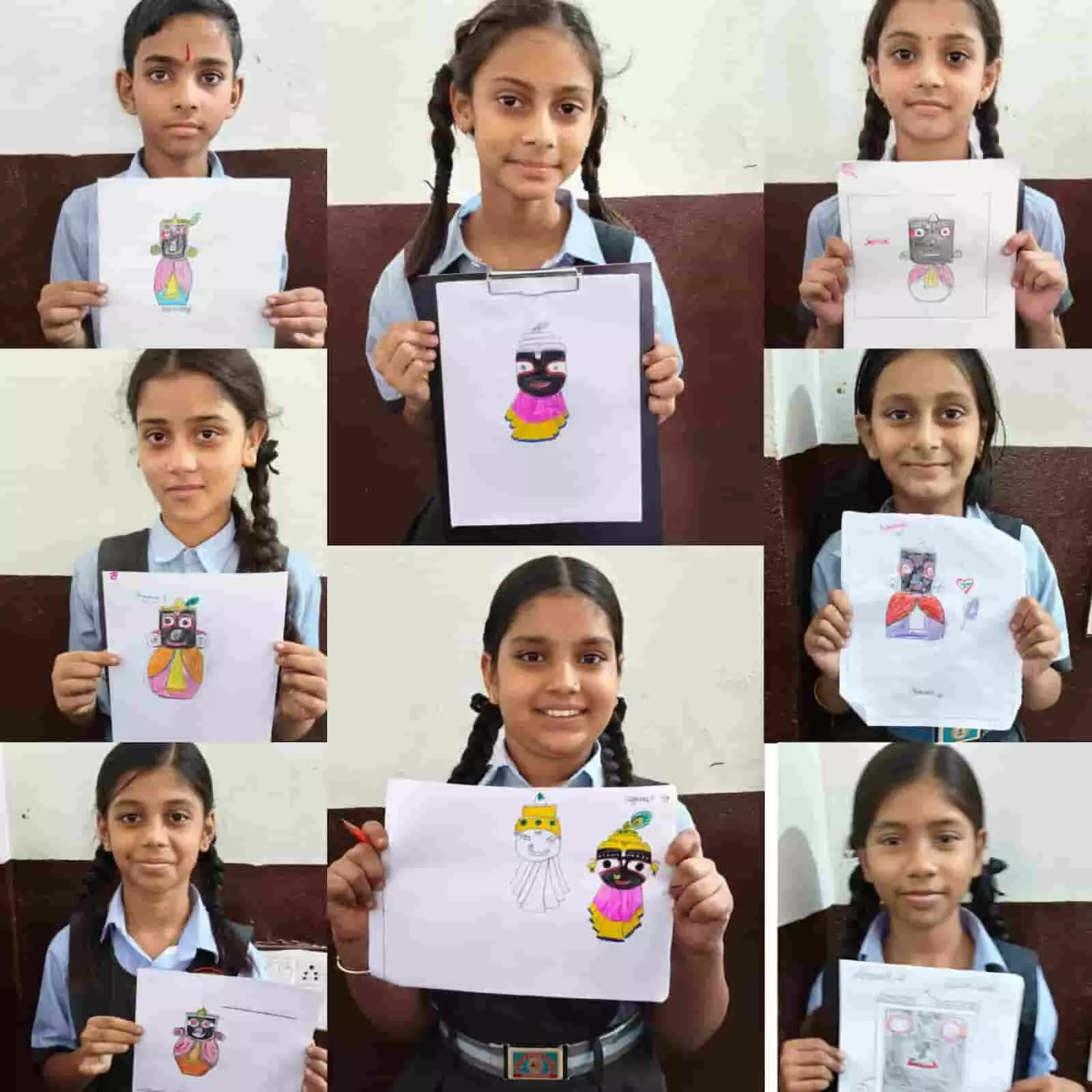 तस्वीर में दिख रही कोलाज में विद्यार्थी स्कूल में भगवान जगन्नाथ की बनाई पेंटिंग्स प्रदर्शित कर रहे हैं। तस्वीर में दिख रही कोलाज में विद्यार्थी स्कूल में भगवान जगन्नाथ की बनाई पेंटिंग्स प्रदर्शित कर रहे हैं।