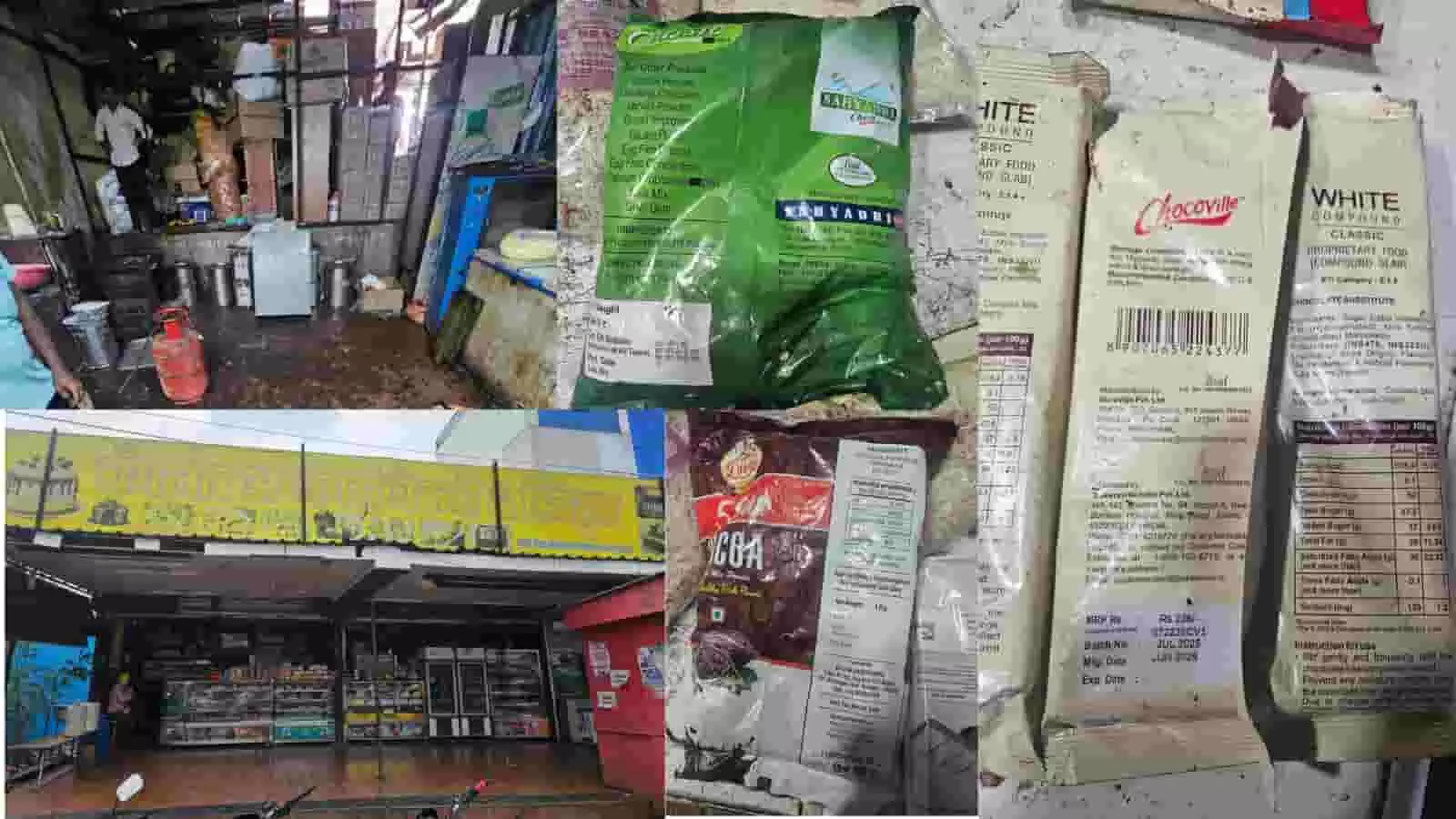 तस्वीर में लातूर की बेकरी में फैली अस्वच्छता और जब्त कच्चे माल के पैकेट दिख रहे हैं।