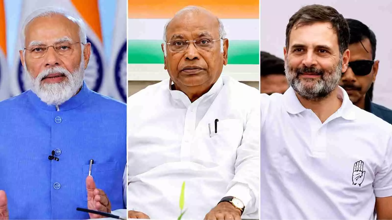 प्रधानमंत्री नरेंद्र मोदी, मल्लिकार्जुन खरगे और राहुल गांधी एक साथ दिखाई दे रहे हैं। प्रधानमंत्री नरेंद्र मोदी, मल्लिकार्जुन खरगे और राहुल गांधी एक साथ दिखाई दे रहे हैं।