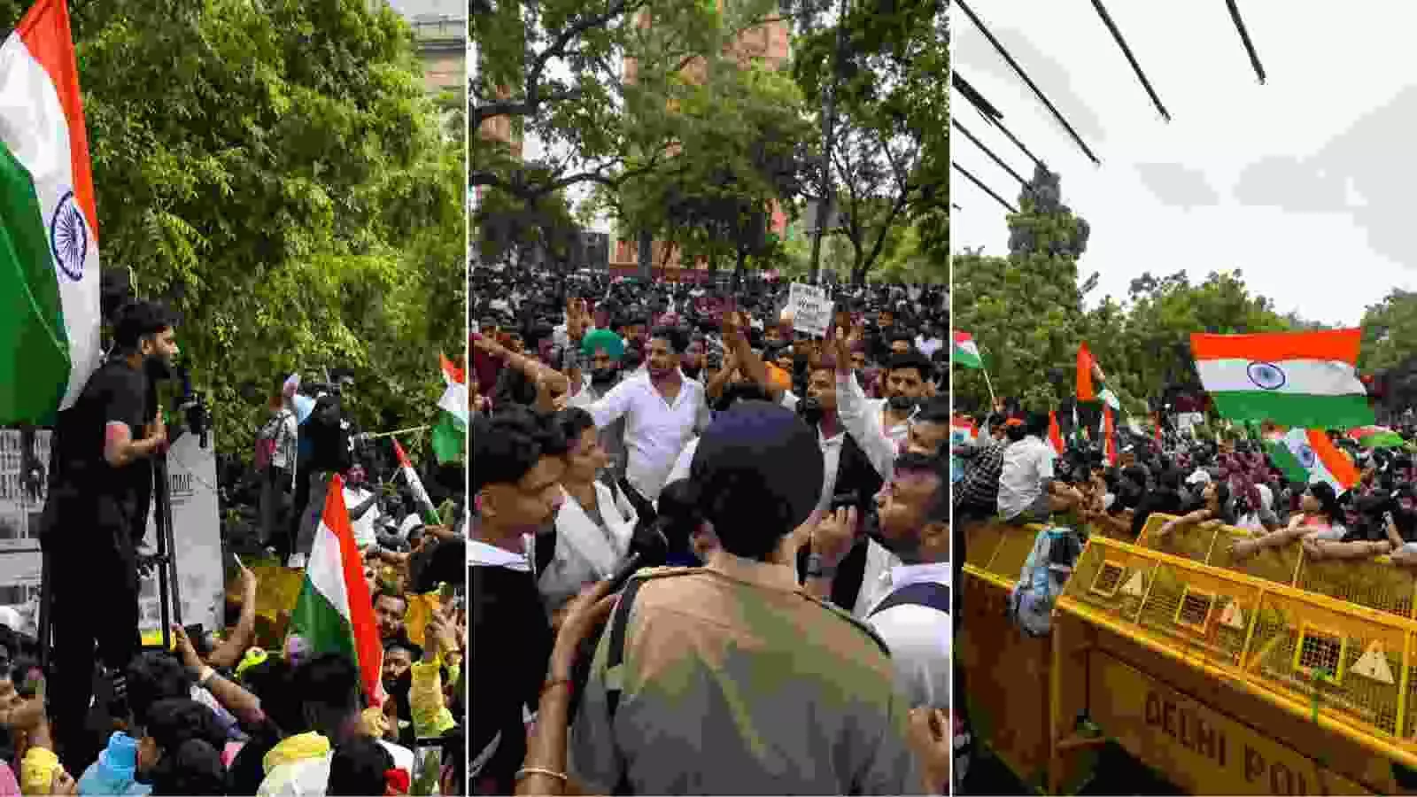 जंतर-मंतर पर एकत्रित प्रदर्शनकारी और दिल्ली पुलिस नई दिल्ली में सुरक्षा व्यवस्था के दौरान। जंतर-मंतर पर एकत्रित प्रदर्शनकारी और दिल्ली पुलिस नई दिल्ली में सुरक्षा व्यवस्था के दौरान।
