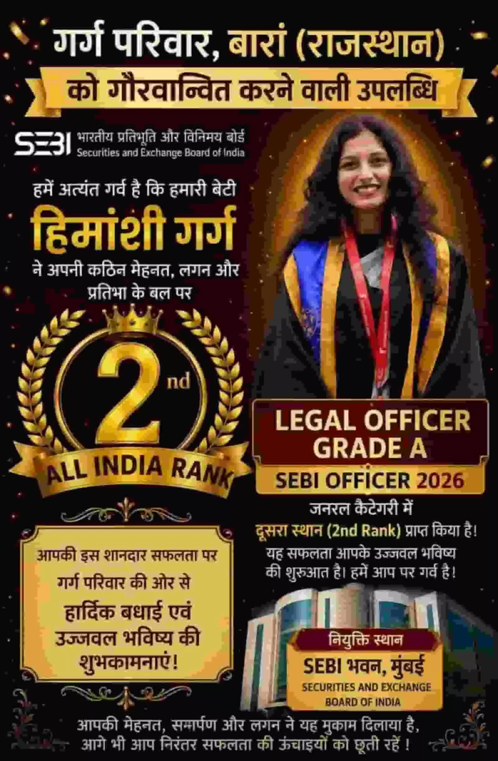 बारां की हिमांशी गर्ग की फाइल फोटो जो SEBI में ऑफिसर ग्रेड-ए पद पर चयनित हुई हैं। बारां की हिमांशी गर्ग की फाइल फोटो जो SEBI में ऑफिसर ग्रेड-ए पद पर चयनित हुई हैं।