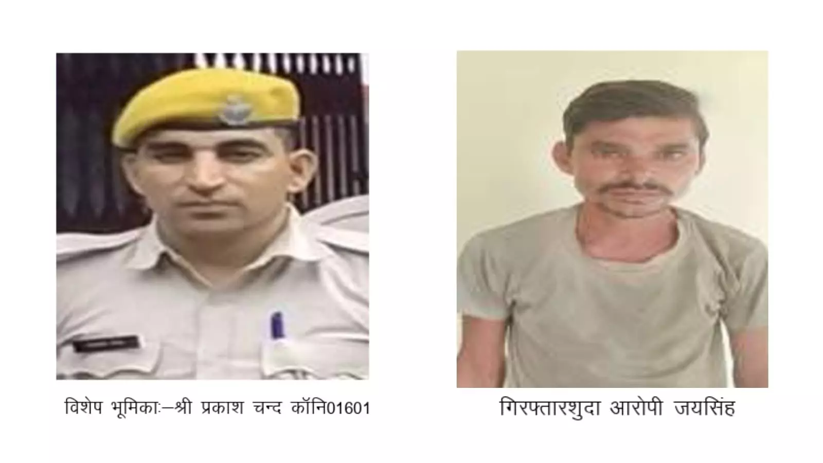 तस्वीर में पुलिस कांस्टेबल प्रकाश चन्द और गिरफ्तार आरोपी जयसिंह सवाई माधोपुर में आबकारी कार्रवाई के संदर्भ में दिख रहे हैं।