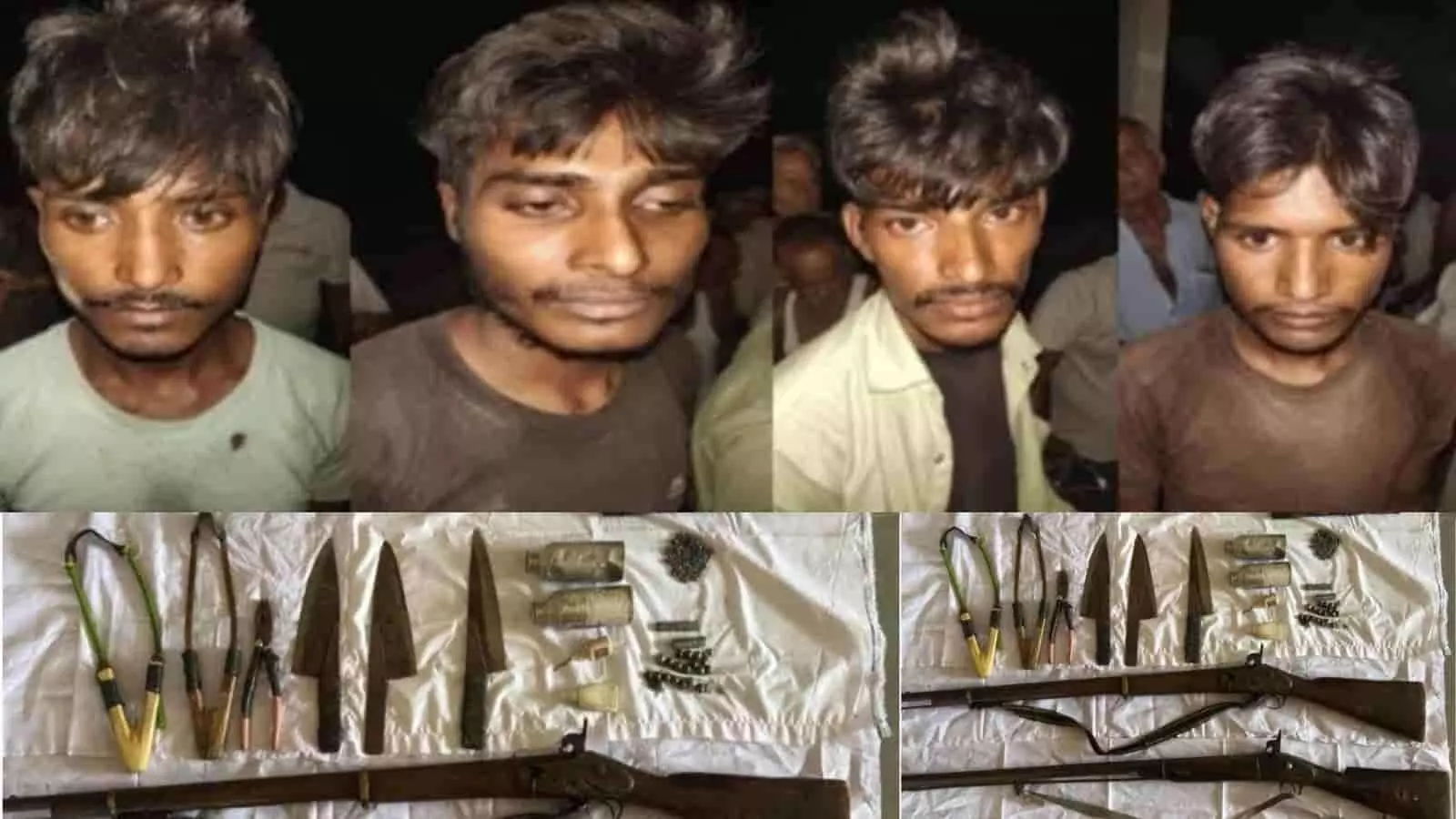 पुलिस हिरासत में खड़े चार संदिग्ध आरोपी और बरामद हथियार सफेद कपड़े पर रखे हुए दिख रहे हैं।
