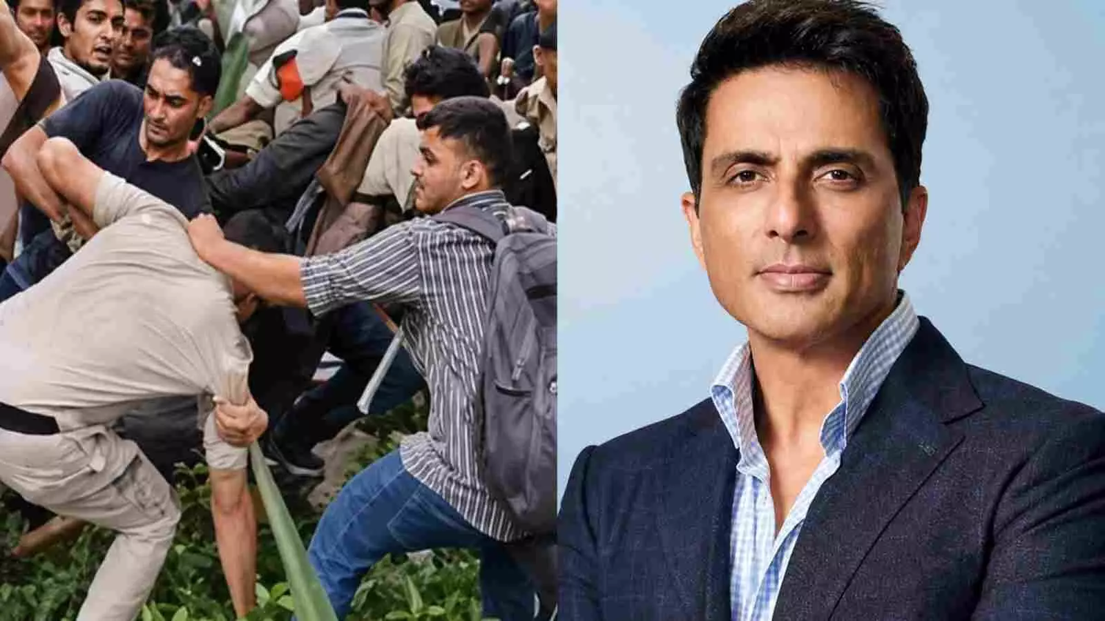 लाठीचार्ज और प्रदर्शन की दृश्य क्लिप और सोनू सूद जंतर-मंतर विरोध प्रदर्शन के संदर्भ में।