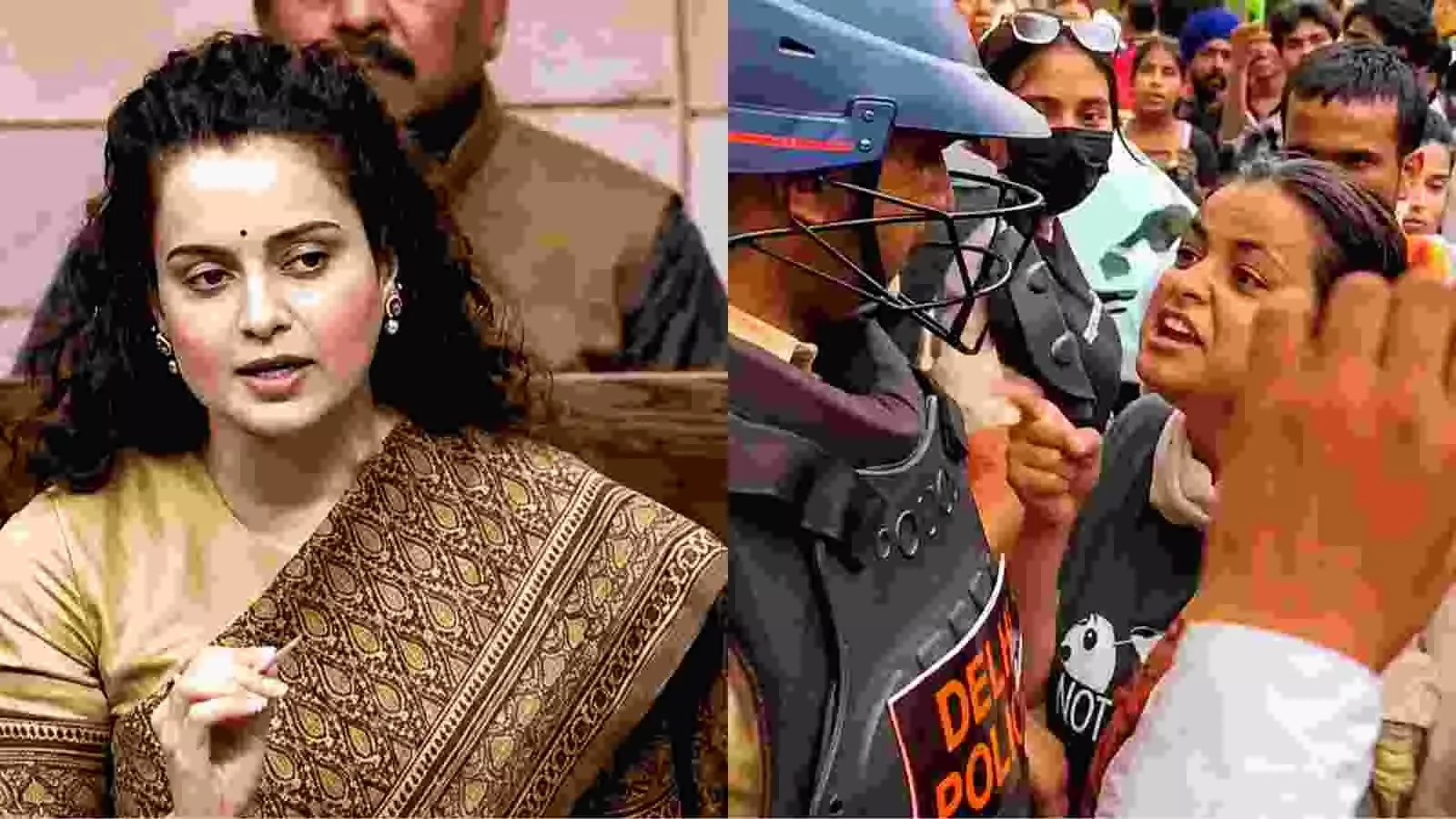 मीडिया से बातचीत करतीं सांसद कंगना रनौत दिल्ली में सीजेपी प्रदर्शन के संदर्भ में।