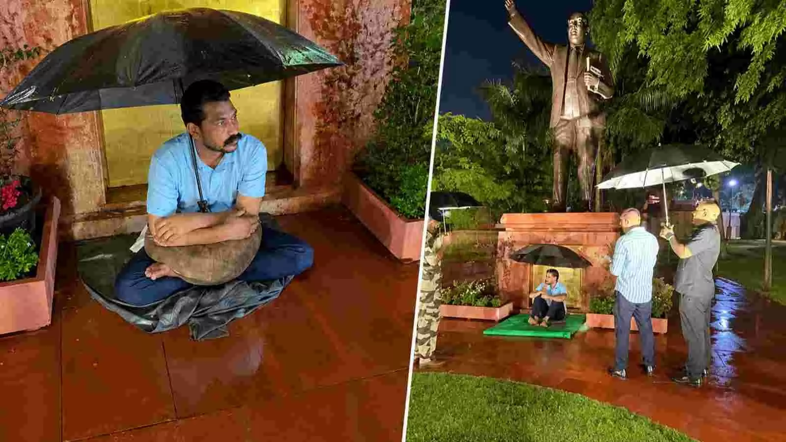 संसद परिसर में आंबेडकर प्रतिमा के नीचे धरने पर बैठे सांसद चंद्रशेखर आजाद CJP प्रदर्शन समर्थन के संदर्भ में।