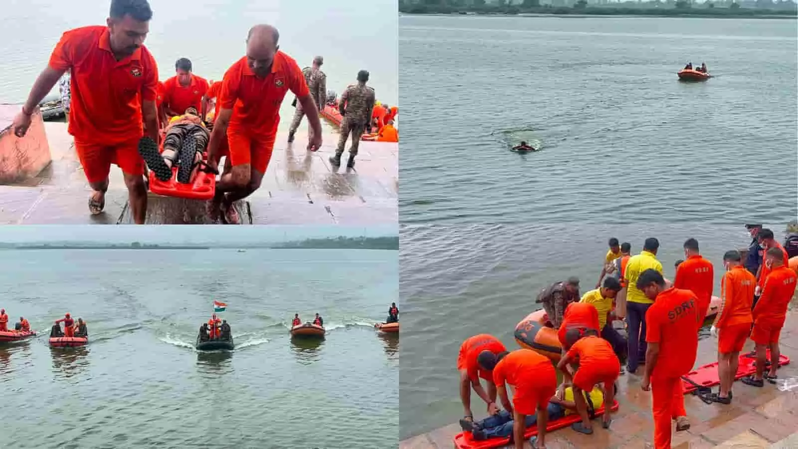 तालाब के जल में बोट से मॉक ड्रिल और किनारे पर मरीज को ले जाते बचाव दल के जवान। तालाब के जल में बोट से मॉक ड्रिल और किनारे पर मरीज को ले जाते बचाव दल के जवान।