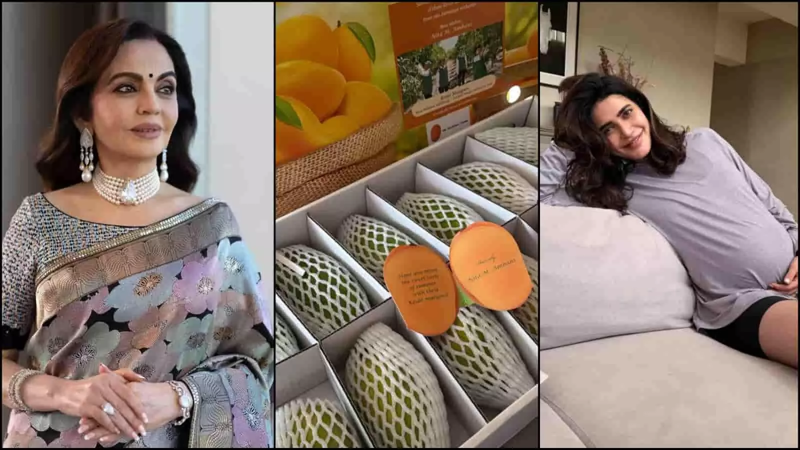 तस्वीर में अभिनेत्री करिश्मा तन्ना और नीता अंबानी के साथ आमों का डिब्बा दिख रहा है। तस्वीर में अभिनेत्री करिश्मा तन्ना और नीता अंबानी के साथ आमों का डिब्बा दिख रहा है।