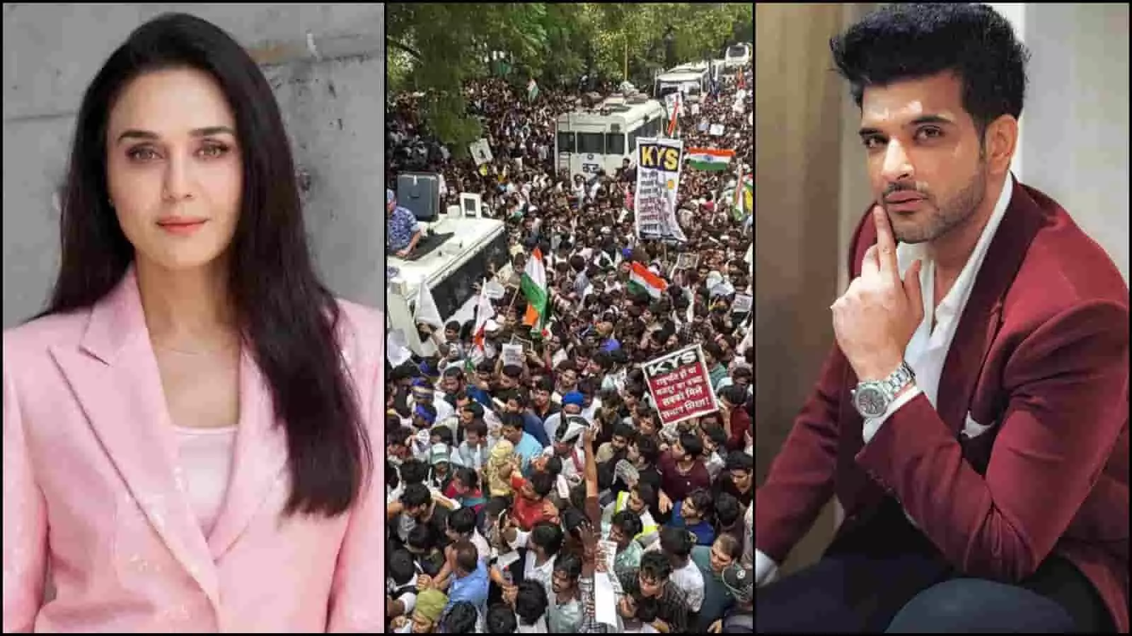 तस्वीर में प्रीति जिंटा, दिल्ली में CJP प्रदर्शन की भीड़ और करण कुंद्रा दिखाई दे रहे हैं।