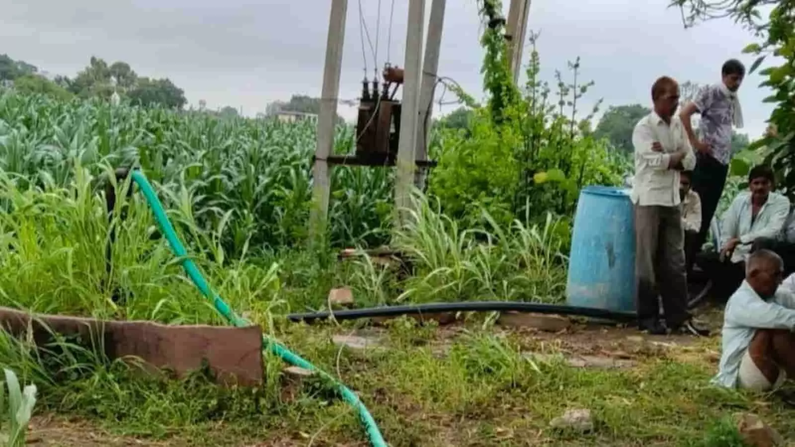 तस्वीर में खेत के पास बिजली पोल के निकट खड़े लोग और जमीन पर पड़ा शव दिखाई दे रहा है।