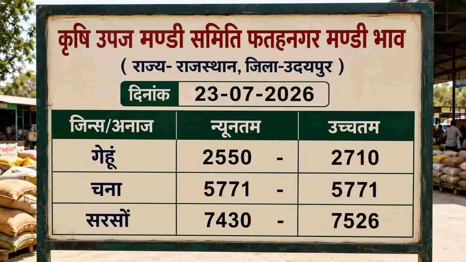 फतहनगर कृषि उपज मंडी परिसर में गेहूं, चना और सरसों के भाव दर्शाता बोर्ड। फतहनगर कृषि उपज मंडी परिसर में गेहूं, चना और सरसों के भाव दर्शाता बोर्ड।