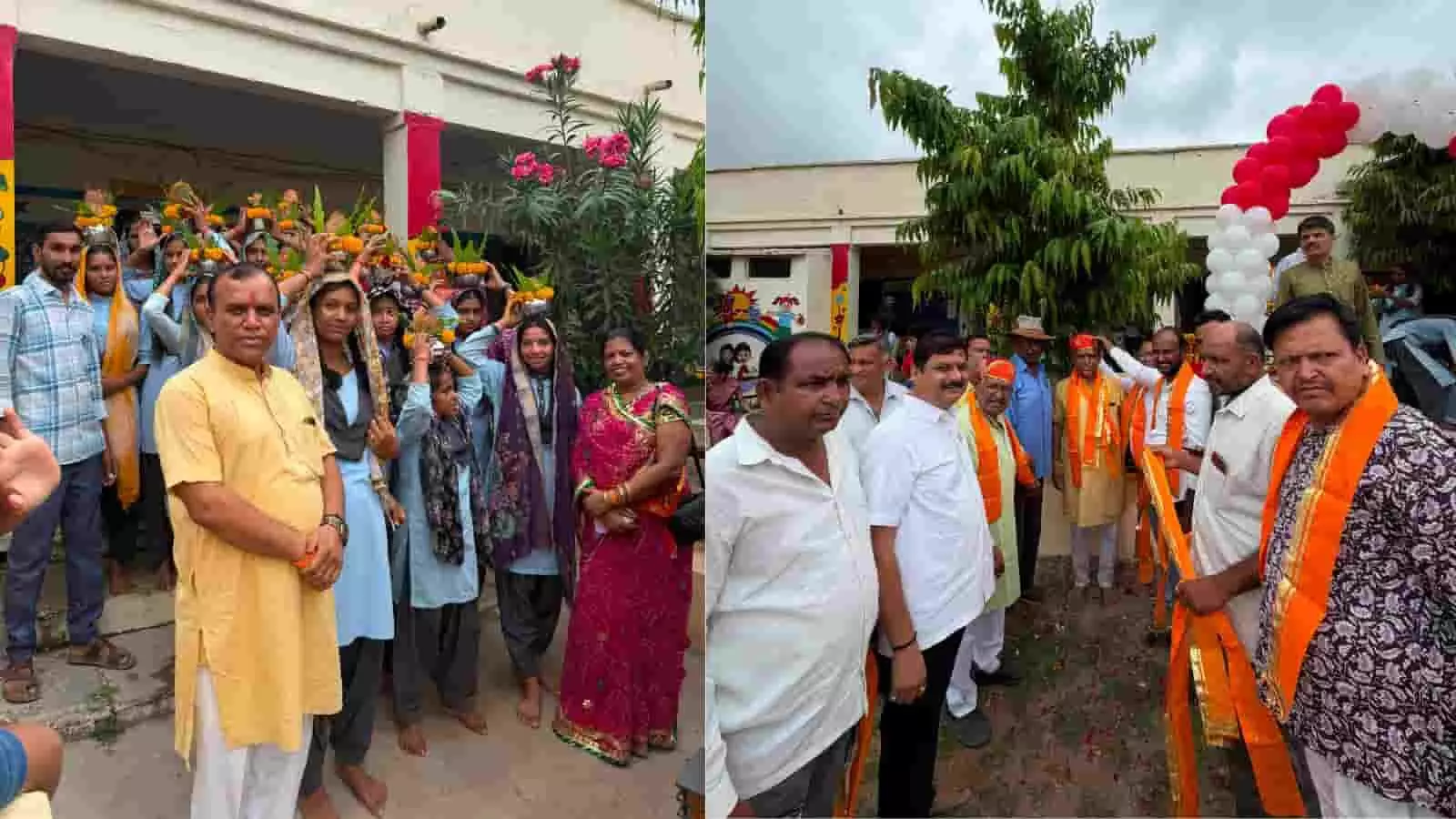 विद्यालय परिसर में कलश यात्रा के दौरान सिर पर मंगल कलश रखे छात्राएं और ग्रामीण। विद्यालय परिसर में कलश यात्रा के दौरान सिर पर मंगल कलश रखे छात्राएं और ग्रामीण।
