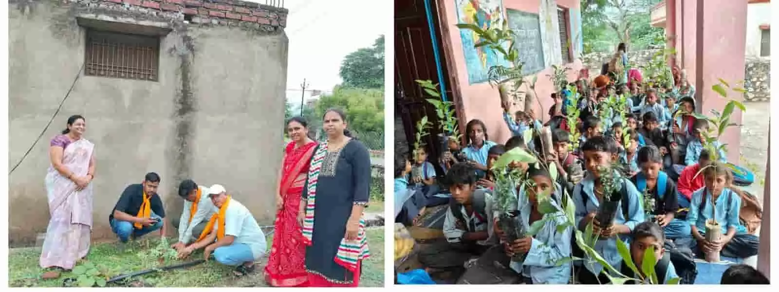 तस्वीर में खेरवाड़ा स्कूल परिसर में पौधारोपण करते अतिथि और विद्यार्थी।