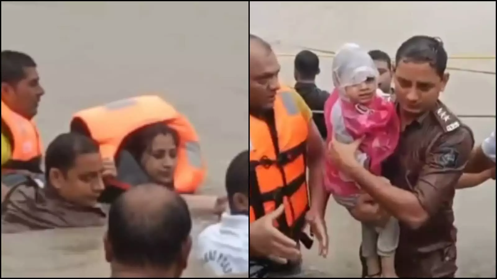 तस्वीर में पुलिसकर्मी बाढ़ के पानी से एक बच्चे को सुरक्षित निकालते हुए दिख रहे हैं। तस्वीर में पुलिसकर्मी बाढ़ के पानी से एक बच्चे को सुरक्षित निकालते हुए दिख रहे हैं।