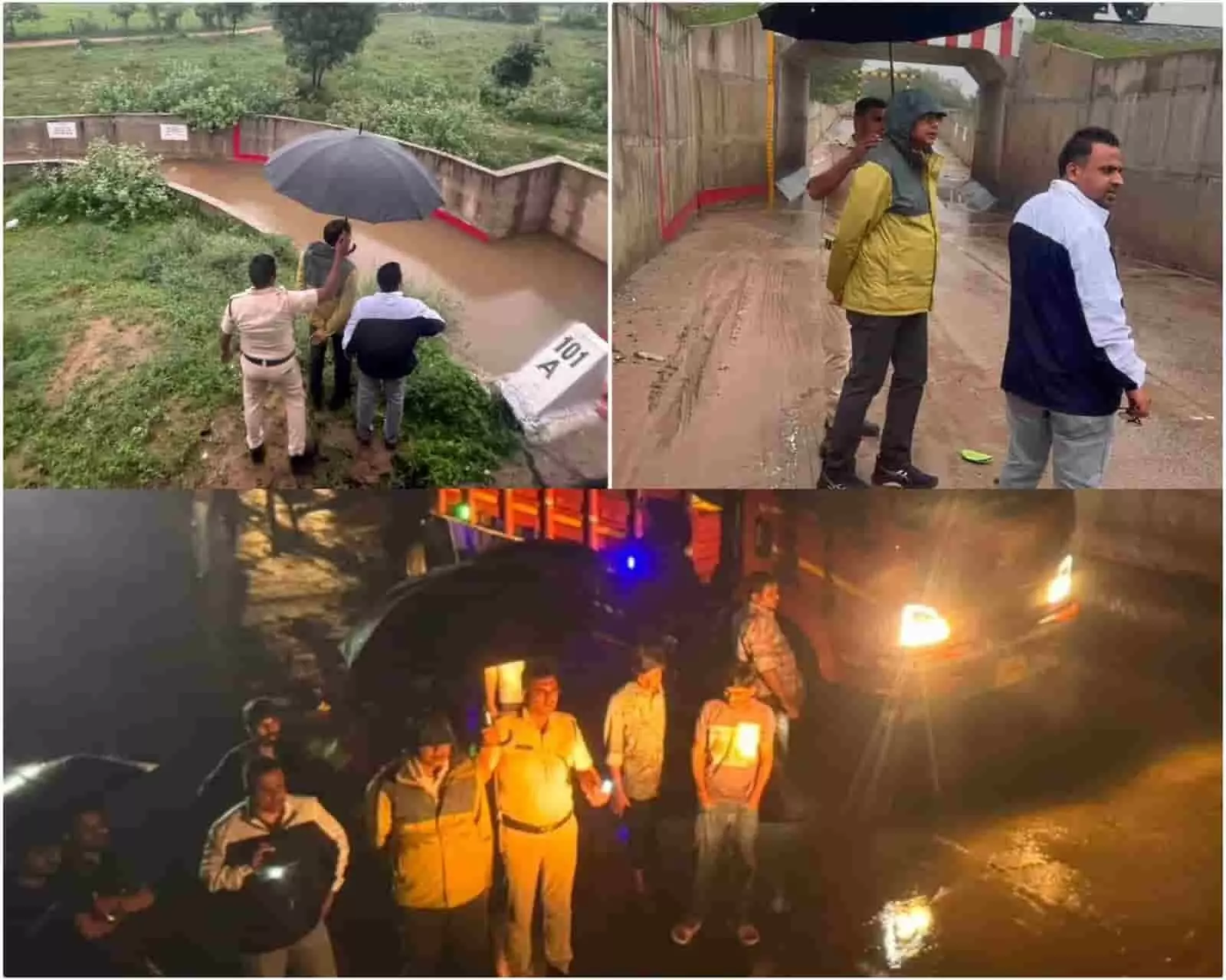 तस्वीर में रेलवे अधिकारी बारिश के दौरान ट्रैक और अंडरपास का निरीक्षण करते हुए। तस्वीर में रेलवे अधिकारी बारिश के दौरान ट्रैक और अंडरपास का निरीक्षण करते हुए।