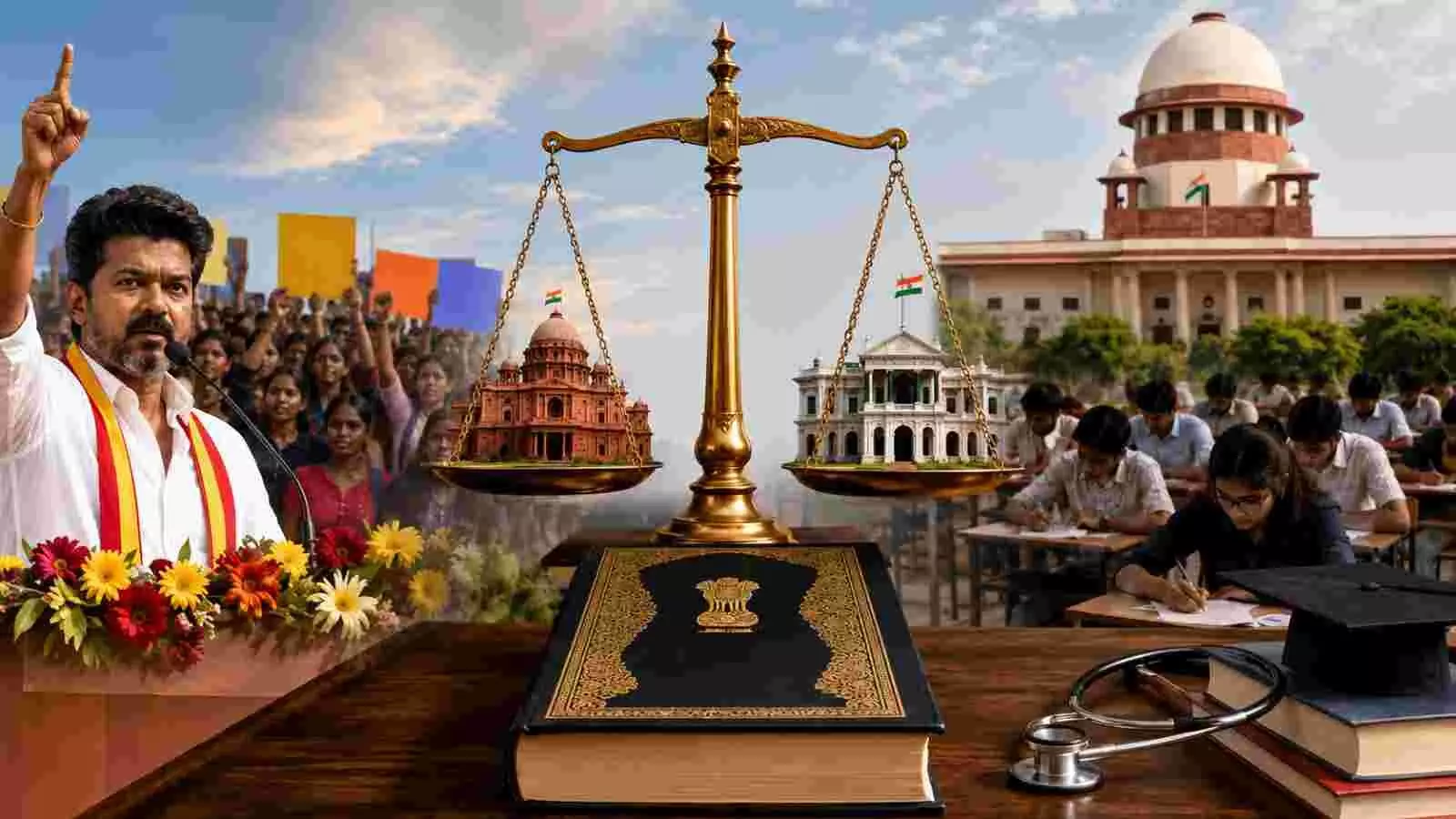 तराजू और संविधान की पुस्तक के साथ कानूनी प्रक्रिया को दर्शाती यह सांकेतिक छवि। तराजू और संविधान की पुस्तक के साथ कानूनी प्रक्रिया को दर्शाती यह सांकेतिक छवि।