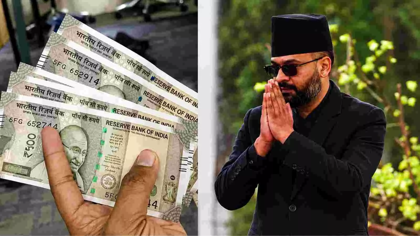 भारतीय मुद्रा के नोट और काठमाण्डू में बालेन शाह दिखाई दे रहे हैं। भारतीय मुद्रा के नोट और काठमाण्डू में बालेन शाह दिखाई दे रहे हैं।