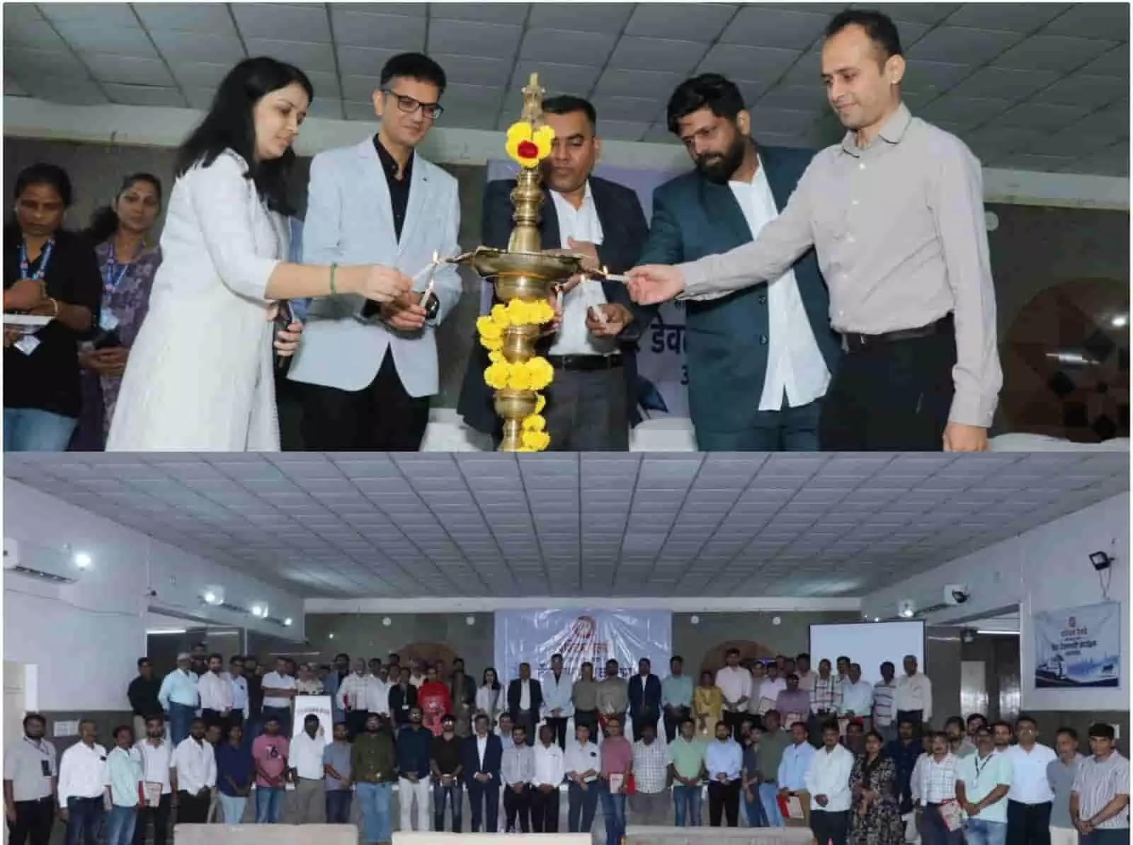 तस्वीर में अहमदाबाद में आयोजित वेंडर डेवलपमेंट मीट के दौरान दीप प्रज्वलन करते अधिकारी और प्रतिभागी दिख रहे हैं।