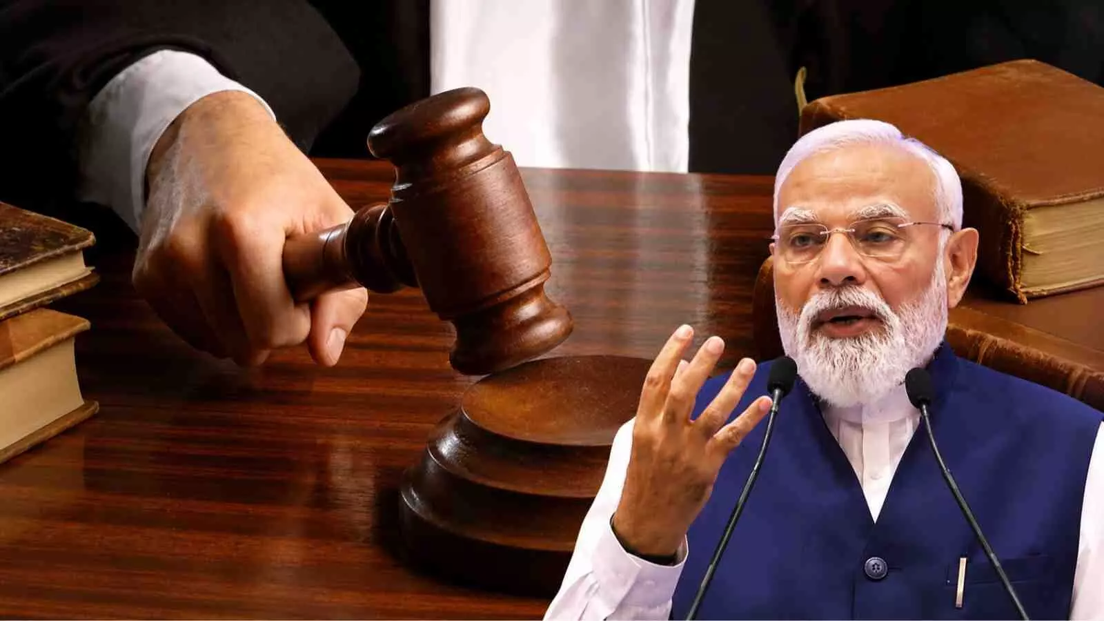 न्यायाधीश की हथौड़ी और प्रधानमंत्री नरेंद्र मोदी की तस्वीर दिल्ली में फास्ट ट्रैक कोर्ट के ऐलान के संदर्भ में दिखाई दे रही है। न्यायाधीश की हथौड़ी और प्रधानमंत्री नरेंद्र मोदी की तस्वीर दिल्ली में फास्ट ट्रैक कोर्ट के ऐलान के संदर्भ में दिखाई दे रही है।