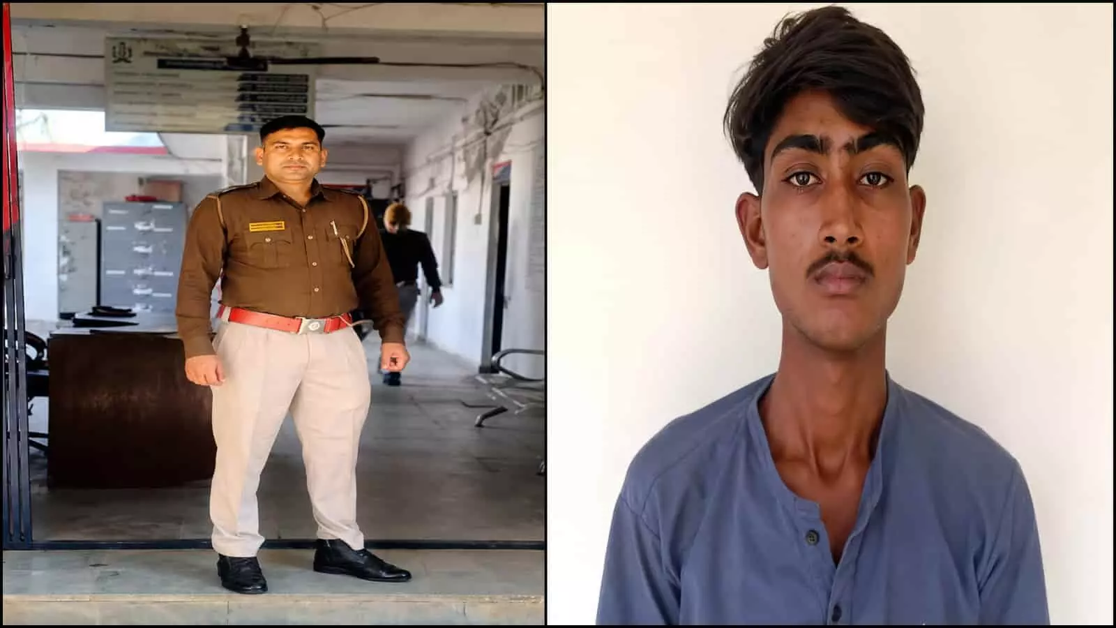 तस्वीर में बाएं तरफ पुलिसकर्मी और दाएं तरफ गिरफ्तार आरोपी चौथ का बरवाड़ा में दिख रहा है। तस्वीर में बाएं तरफ पुलिसकर्मी और दाएं तरफ गिरफ्तार आरोपी चौथ का बरवाड़ा में दिख रहा है।