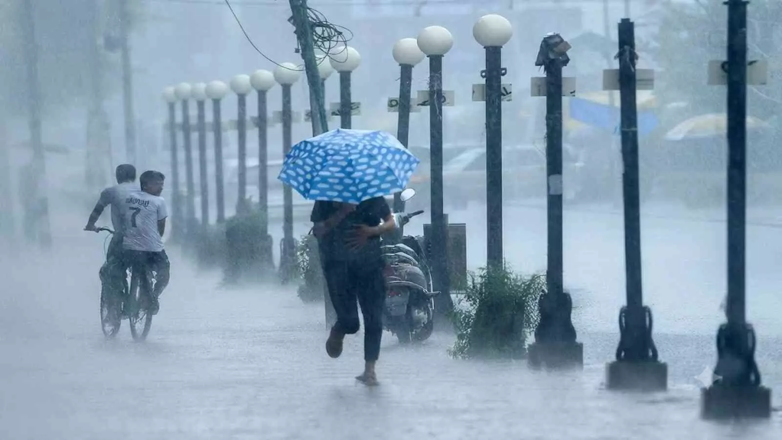 सड़क पर छाता लेकर चलते लोग और साइकिल सवार उत्तर भारत में भारी बारिश के दौरान। सड़क पर छाता लेकर चलते लोग और साइकिल सवार उत्तर भारत में भारी बारिश के दौरान।