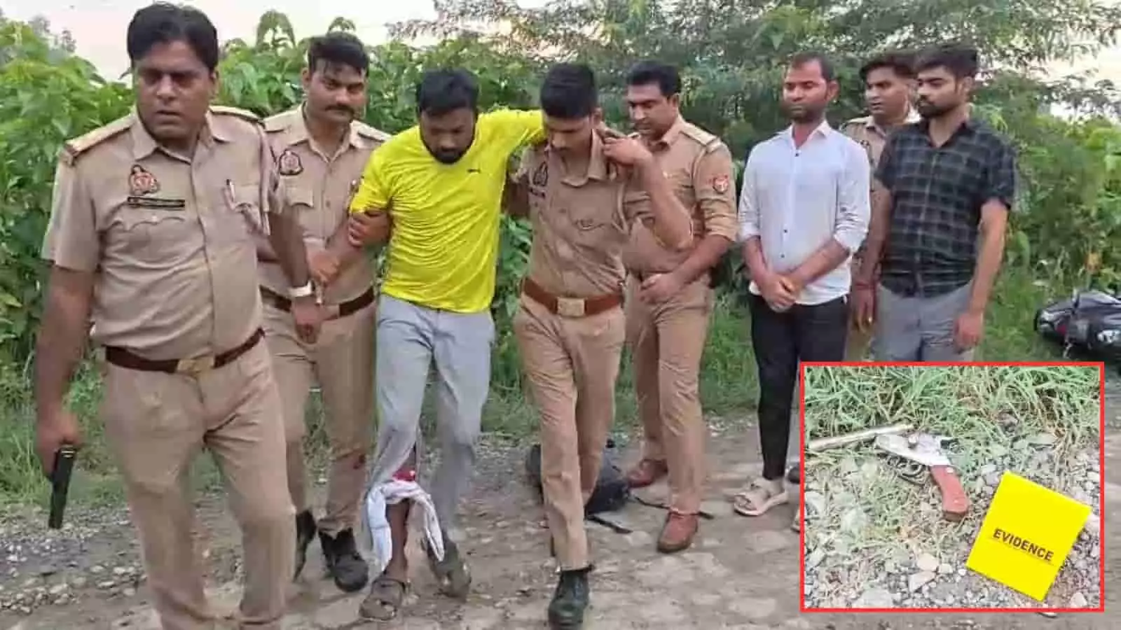 तस्वीर में पुलिसकर्मी कन्नौज में घायल बदमाश को पकड़कर ले जाते हुए नजर आ रहे हैं।